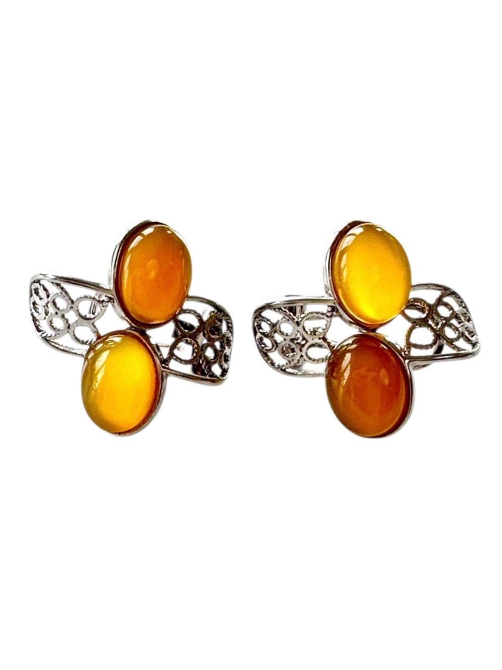 Faux Amber Cabochons in a Silver Tone Filigree Setting with Pierced Omega Clips